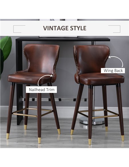 HOMCOM Bar Stools Set of 2, PU Leather Vintage Counter-Height Bar Chair, Luxury European Style Kitchen Stools with Back, Brown 8 - pic 62043 | FastDaddyshop