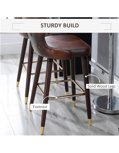 HOMCOM Bar Stools Set of 2, PU Leather Vintage Counter-Height Bar Chair, Luxury European Style Kitchen Stools with Back, Brown 8