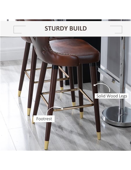 HOMCOM Bar Stools Set of 2, PU Leather Vintage Counter-Height Bar Chair, Luxury European Style Kitchen Stools with Back, Brown 8 - pic 62044 | FastDaddyshop