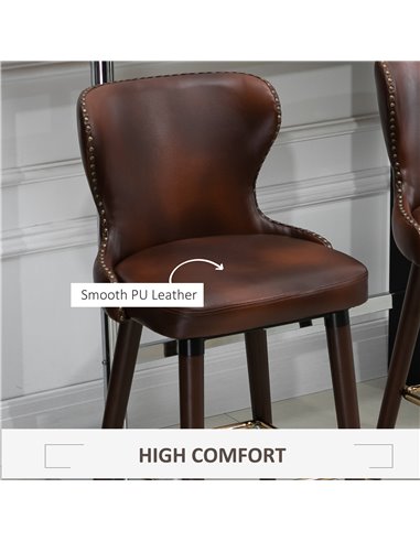 HOMCOM Bar Stools Set of 2, PU Leather Vintage Counter-Height Bar Chair, Luxury European Style Kitchen Stools with Back, Brown 8