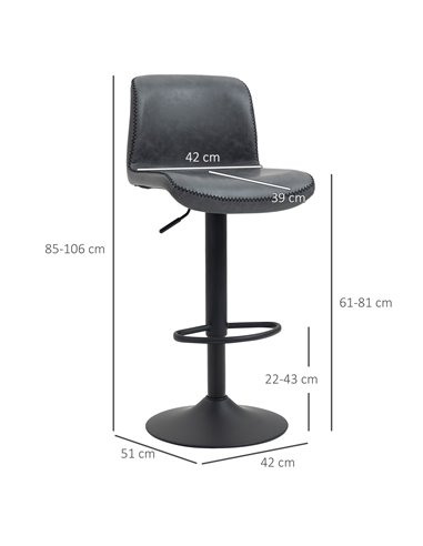 HOMCOM Set of 2 Bar Stool Adjustable Height Swivel Footrest and Base for Breakfast Bar, Kitchen and Home, Dark Grey 835-326V71CG