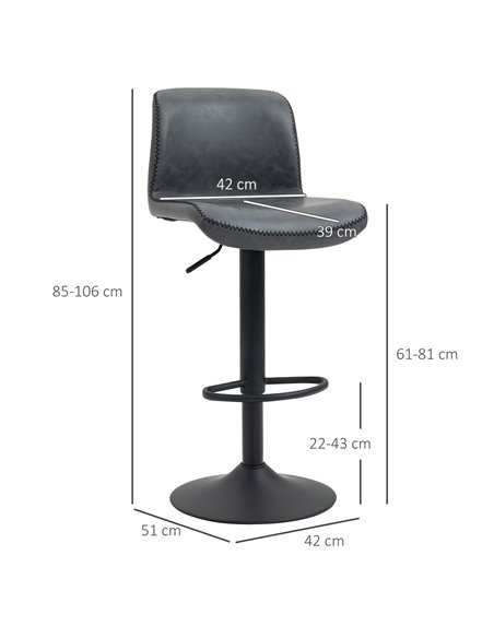 HOMCOM Set of 2 Bar Stool Adjustable Height Swivel Footrest and Base for Breakfast Bar, Kitchen and Home, Dark Grey 835-326V71CG - pic 62051 | FastDaddyshop