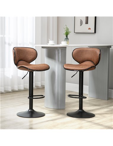 HOMCOM Bar Stool Set of 2 Microfiber Cloth Adjustable Height Armless Chairs with Swivel Seat, Brown 835-356V71BN