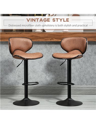 HOMCOM Bar Stool Set of 2 Microfiber Cloth Adjustable Height Armless Chairs with Swivel Seat, Brown 835-356V71BN