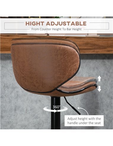 HOMCOM Bar Stool Set of 2 Microfiber Cloth Adjustable Height Armless Chairs with Swivel Seat, Brown 835-356V71BN
