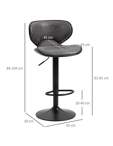 HOMCOM Bar Stool Set of 2 Microfiber Cloth Adjustable Height Armless Chairs with Swivel Seat, Dark Grey 835-356V71CG