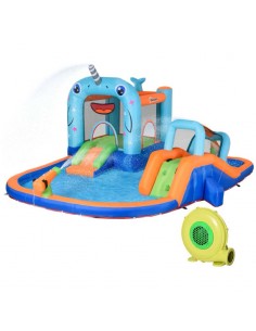 Outsunny 3+ Kids Bounce Castle 5 in 1 Narwhals Style with Slide Trampoline Pool Water Gun Climbing Wall