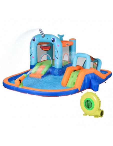 Outsunny 3+ Kids Bounce Castle 5 in 1 Narwhals Style with Slide Trampoline Pool Water Gun Climbing Wall - pic 6207 | FastDaddyshop