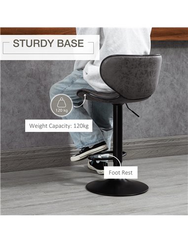 HOMCOM Bar Stool Set of 2 Microfiber Cloth Adjustable Height Armless Chairs with Swivel Seat, Dark Grey 835-356V71CG