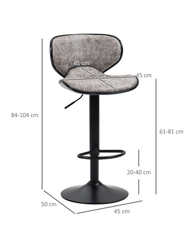 HOMCOM Bar Stool Set of 2 Microfiber Cloth Adjustable Height Armless Chairs with Swivel Seat, Grey 835-356V71GY