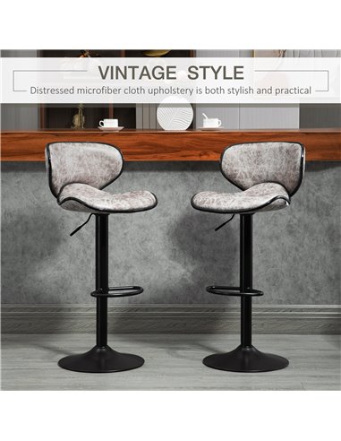 HOMCOM Bar Stool Set of 2 Microfiber Cloth Adjustable Height Armless Chairs with Swivel Seat, Grey 835-356V71GY