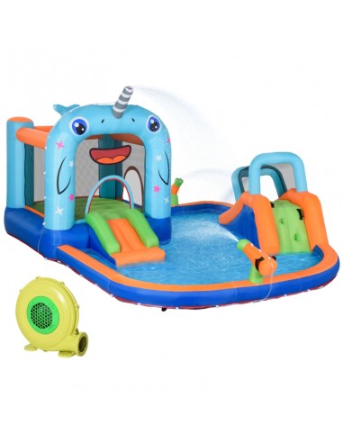 Outsunny 3+ Kids Bounce Castle 5 in 1 Narwhals Style with Slide Trampoline Pool Water Gun Climbing Wall