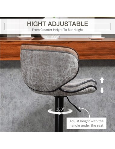 HOMCOM Bar Stool Set of 2 Microfiber Cloth Adjustable Height Armless Chairs with Swivel Seat, Grey 835-356V71GY