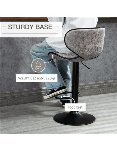 HOMCOM Bar Stool Set of 2 Microfiber Cloth Adjustable Height Armless Chairs with Swivel Seat, Grey 835-356V71GY