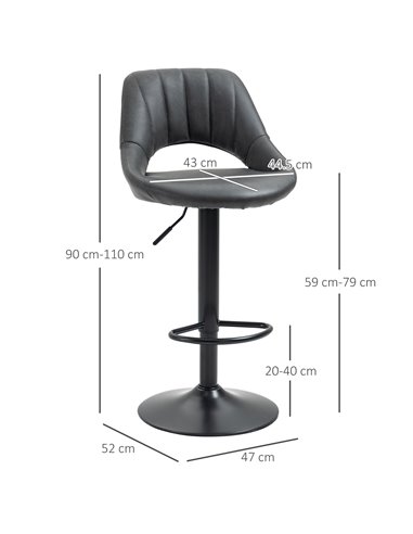 HOMCOM Barstools Set of 2 Adjustable Swivel Height Gas Lift PU Leather Counter Chairs with Footrest 835-357V71GY