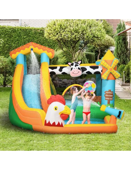 Outsunny 3+ Kids Bounce Castle 5 in 1 Farm Style with Slide Trampoline Pool Water Cannon Climbing Wall - pic 6211 | FastDaddyshop