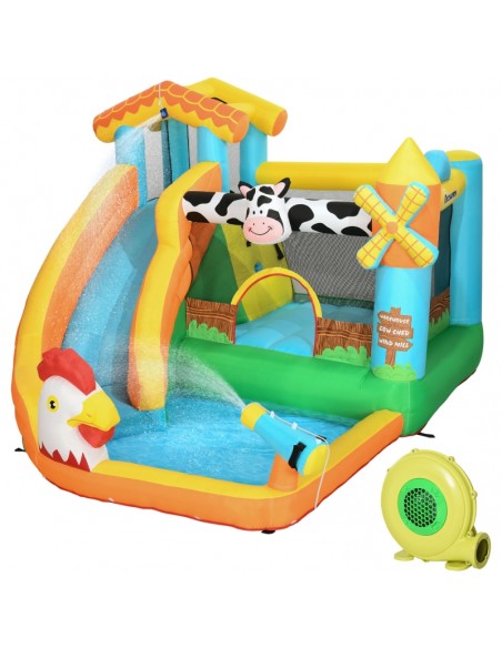 Outsunny 3+ Kids Bounce Castle 5 in 1 Farm Style with Slide Trampoline Pool Water Cannon Climbing Wall - pic 6212 | FastDaddyshop