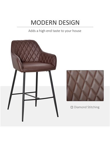 HOMCOM Set of 2 Bar stools With Backs Retro PU Leather Bar Chairs w/ Footrest Metal Frame Comfort Support Stylish Dining Seating