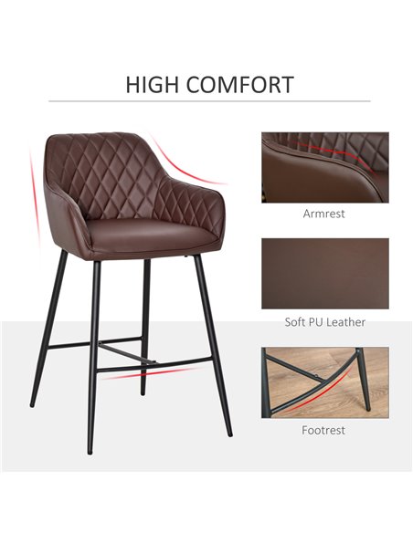 HOMCOM Set of 2 Bar stools With Backs Retro PU Leather Bar Chairs w/ Footrest Metal Frame Comfort Support Stylish Dining Seating - pic 62180 | FastDaddyshop