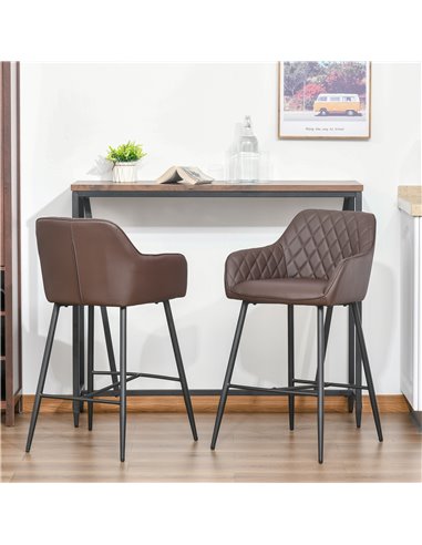 HOMCOM Set of 2 Bar stools With Backs Retro PU Leather Bar Chairs w/ Footrest Metal Frame Comfort Support Stylish Dining Seating