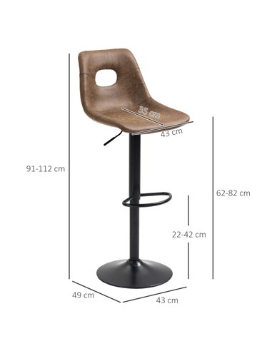 HOMCOM Retro Bar Stools Set of 2, Faux Leather, Adjustable Height with Backrest and Footrest, Brown 835-639V71BN