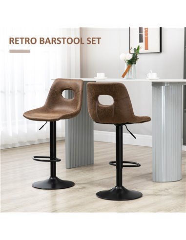 HOMCOM Retro Bar Stools Set of 2, Faux Leather, Adjustable Height with Backrest and Footrest, Brown 835-639V71BN