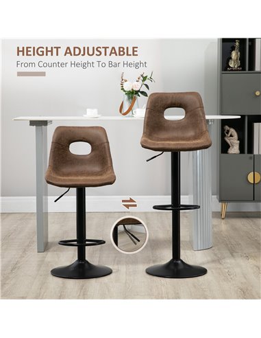 HOMCOM Retro Bar Stools Set of 2, Faux Leather, Adjustable Height with Backrest and Footrest, Brown 835-639V71BN