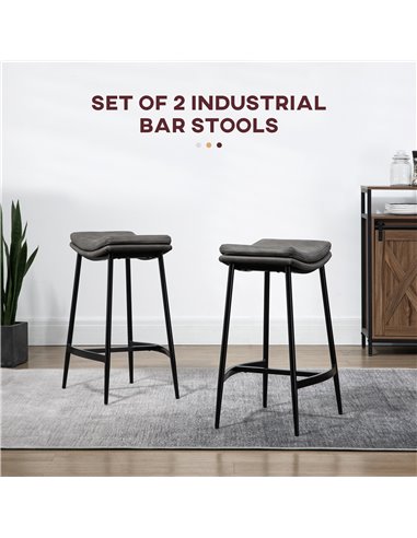 HOMCOM Kitchen Stools Set of 2, Microfibre Upholstered Barstools, Industrial Bar Chairs with Curved Seat and Steel Frame 835-979