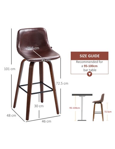 HOMCOM Bar Stools Set of 2, Breakfast Bar Chairs, PU Leather Upholstered Kitchen Stools w/ Backs, Wood Legs for 89-99cm Bar Tabl