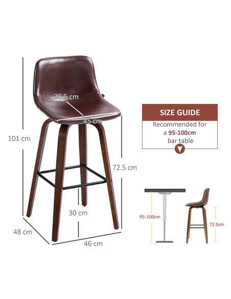 HOMCOM Bar Stools Set of 2, Breakfast Bar Chairs, PU Leather Upholstered Kitchen Stools w/ Backs, Wood Legs for 89-99cm Bar Tabl - pic 62258 | FastDaddyshop