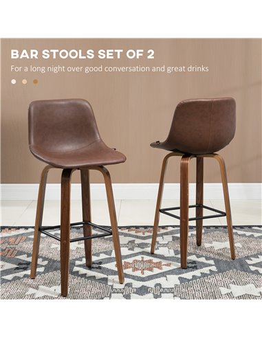 HOMCOM Bar Stools Set of 2, Breakfast Bar Chairs, PU Leather Upholstered Kitchen Stools w/ Backs, Wood Legs for 89-99cm Bar Tabl