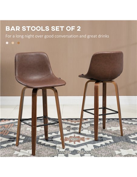 HOMCOM Bar Stools Set of 2, Breakfast Bar Chairs, PU Leather Upholstered Kitchen Stools w/ Backs, Wood Legs for 89-99cm Bar Tabl - pic 62259 | FastDaddyshop
