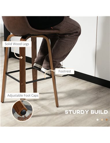 HOMCOM Bar Stools Set of 2, Breakfast Bar Chairs, PU Leather Upholstered Kitchen Stools w/ Backs, Wood Legs for 89-99cm Bar Tabl