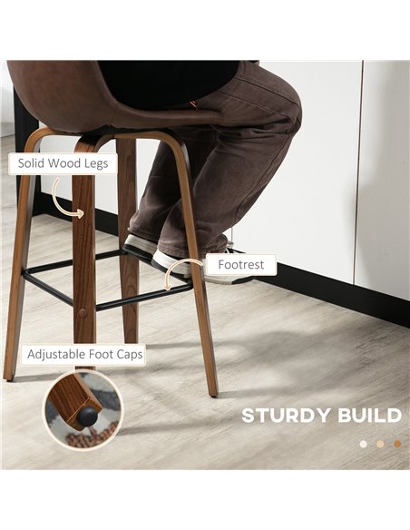 HOMCOM Bar Stools Set of 2, Breakfast Bar Chairs, PU Leather Upholstered Kitchen Stools w/ Backs, Wood Legs for 89-99cm Bar Tabl - pic 62261 | FastDaddyshop