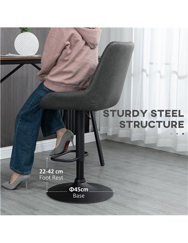 HOMCOM Retro Bar Stools Set of 2, Adjustable Kitchen Stool, Upholstered Bar Chairs with Back, Swivel Seat, Dark Grey 835-871V71C