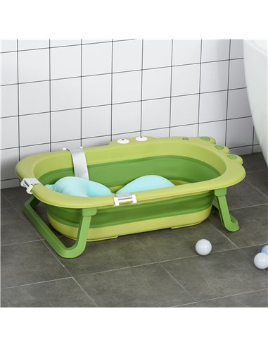 HOMCOM Baby Bath Tub for Toddler Kids Infant Ergonomic Foldable Secure Non-Slip Portable with Baby Cushion for 0-3 Years Green