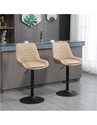 HOMCOM Retro Bar Stools Set of 2, Adjustable Kitchen Stool, Upholstered Bar Chairs with Back, Swivel Seat, Light Khaki 835-871V7