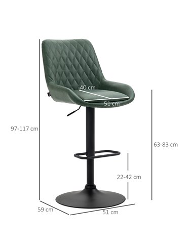 HOMCOM Retro Bar Stools Set of 2, Adjustable Kitchen Stool, Upholstered Bar Chairs with Back, Swivel Seat, Green 835-871V71DG