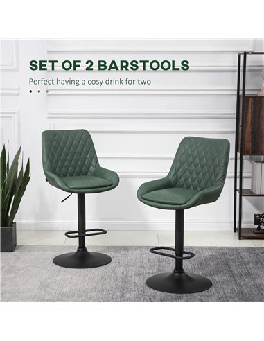 HOMCOM Retro Bar Stools Set of 2, Adjustable Kitchen Stool, Upholstered Bar Chairs with Back, Swivel Seat, Green 835-871V71DG
