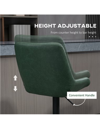 HOMCOM Retro Bar Stools Set of 2, Adjustable Kitchen Stool, Upholstered Bar Chairs with Back, Swivel Seat, Green 835-871V71DG