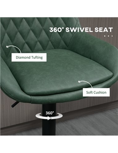 HOMCOM Retro Bar Stools Set of 2, Adjustable Kitchen Stool, Upholstered Bar Chairs with Back, Swivel Seat, Green 835-871V71DG