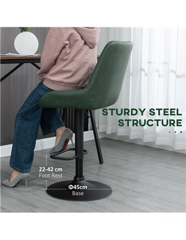 HOMCOM Retro Bar Stools Set of 2, Adjustable Kitchen Stool, Upholstered Bar Chairs with Back, Swivel Seat, Green 835-871V71DG