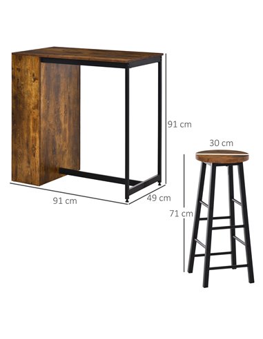 HOMCOM Industrial Bar Table Set for 2, 3 Pieces Pub Table and Bar Stools with Storage Shelf for Kitchen 835-489V80RB