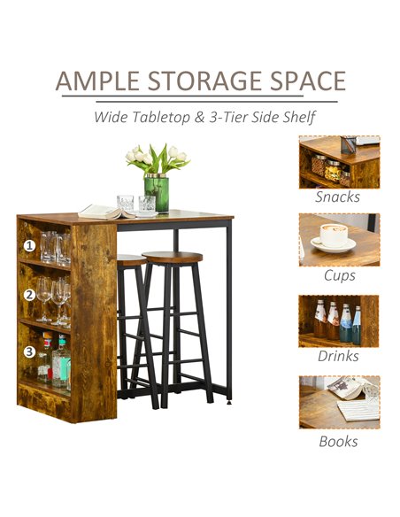 HOMCOM Industrial Bar Table Set for 2, 3 Pieces Pub Table and Bar Stools with Storage Shelf for Kitchen 835-489V80RB - pic 62316 | FastDaddyshop