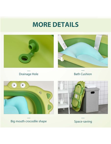 HOMCOM Baby Bath Tub for Toddler Kids Infant Ergonomic Foldable Secure Non-Slip Portable with Baby Cushion for 0-3 Years Green - pic 6232 | FastDaddyshop