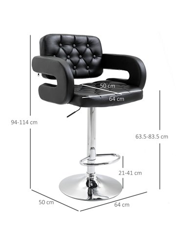 HOMCOM PU Leather Upholstered Swivel Bar Stool, Height Adjustable Barstool with Back, Armrest, Footrest for Kitchen 835-008V70BK