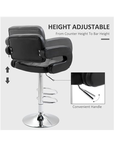 HOMCOM PU Leather Upholstered Swivel Bar Stool, Height Adjustable Barstool with Back, Armrest, Footrest for Kitchen 835-008V70BK