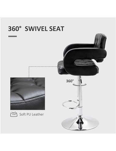 HOMCOM PU Leather Upholstered Swivel Bar Stool, Height Adjustable Barstool with Back, Armrest, Footrest for Kitchen 835-008V70BK