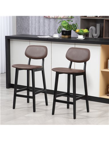HOMCOM Bar Stools Set of 2, Modern Breakfast Bar Chairs, Faux Leather Upholstered Kitchen Stools with Backs and Wood Legs, Brown