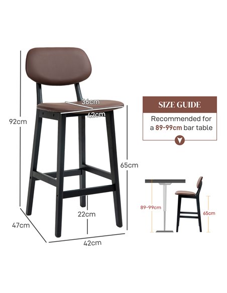 HOMCOM Bar Stools Set of 2, Modern Breakfast Bar Chairs, Faux Leather Upholstered Kitchen Stools with Backs and Wood Legs, Brown - pic 62348 | FastDaddyshop